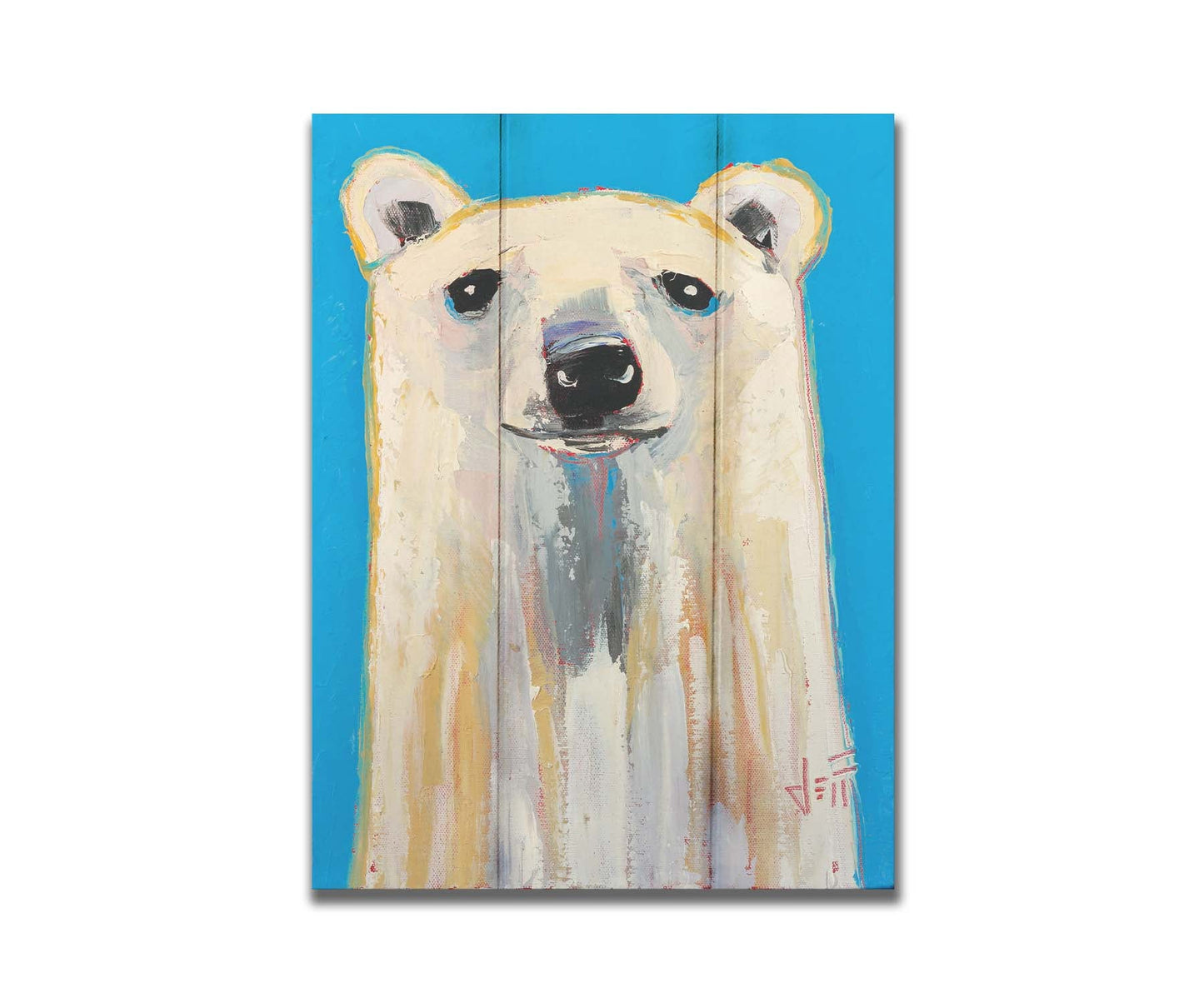 A contemporary portrait of a stylized polar bear, set against a bright blue background. Printed on a box board.