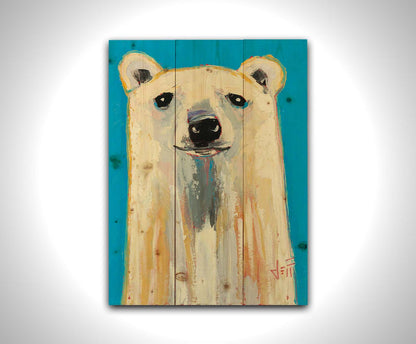 A contemporary portrait of a stylized polar bear, set against a bright blue background. Printed on a wood pallet.