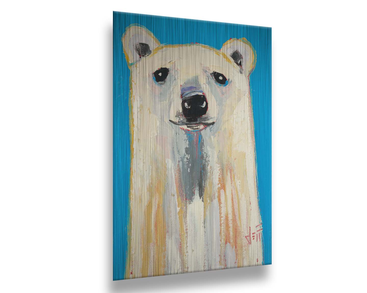 A contemporary portrait of a stylized polar bear, set against a bright blue background. Printed on metal.