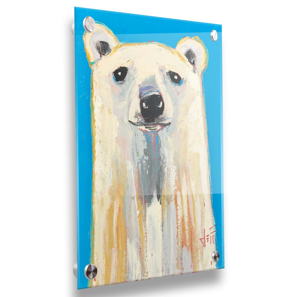 A contemporary portrait of a stylized polar bear, set against a bright blue background. Printed on acrylic.