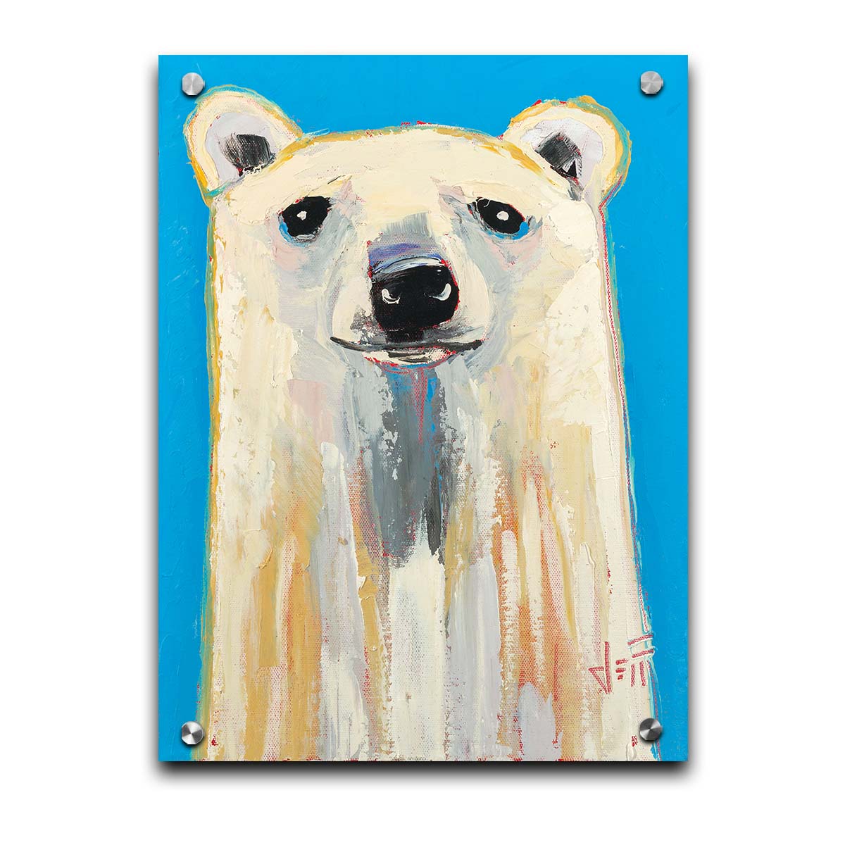 A contemporary portrait of a stylized polar bear, set against a bright blue background. Printed on acrylic.