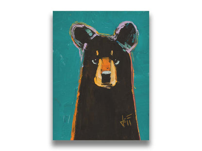 A painting of a dark brown bear on a teal background, painted in a contemporary style emphasizing form. Printed on canvas.