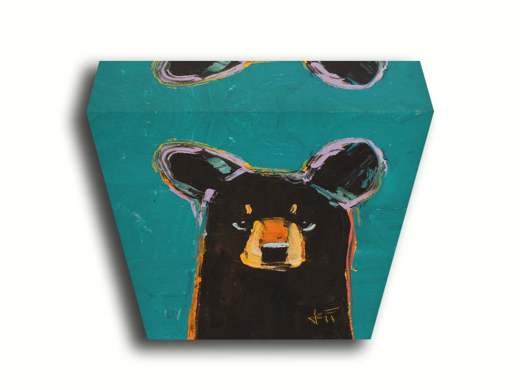 A painting of a dark brown bear on a teal background, painted in a contemporary style emphasizing form. Printed on canvas.