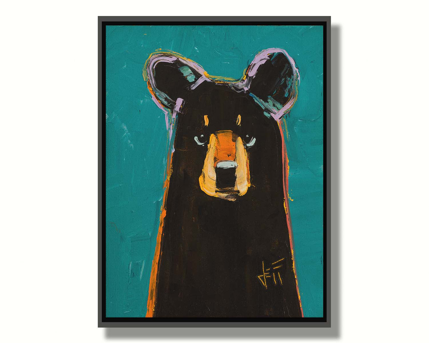 A painting of a dark brown bear on a teal background, painted in a contemporary style emphasizing form. Printed on canvas in a float frame.