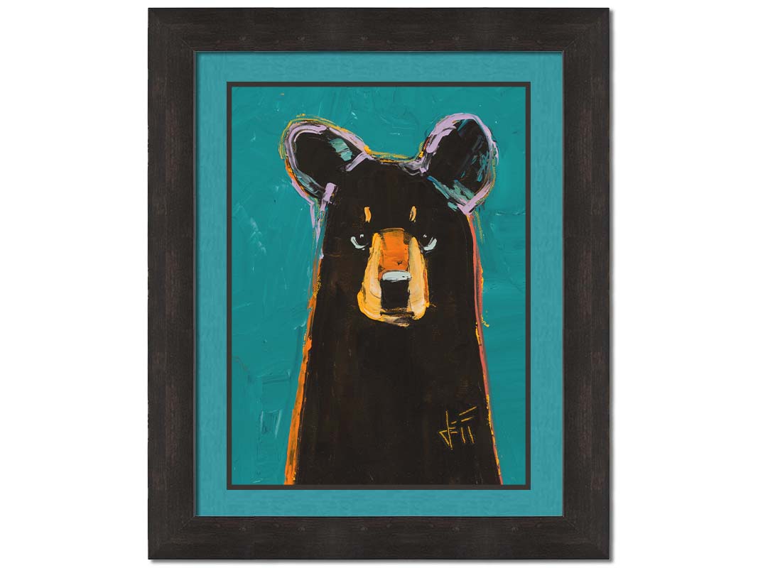 A painting of a dark brown bear on a teal background, painted in a contemporary style emphasizing form. Printed on paper, matted, and framed.