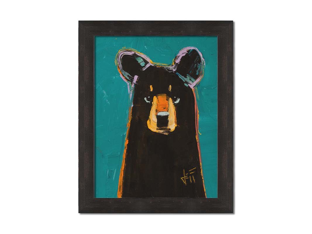 A painting of a dark brown bear on a teal background, painted in a contemporary style emphasizing form. Printed on canvas and framed.