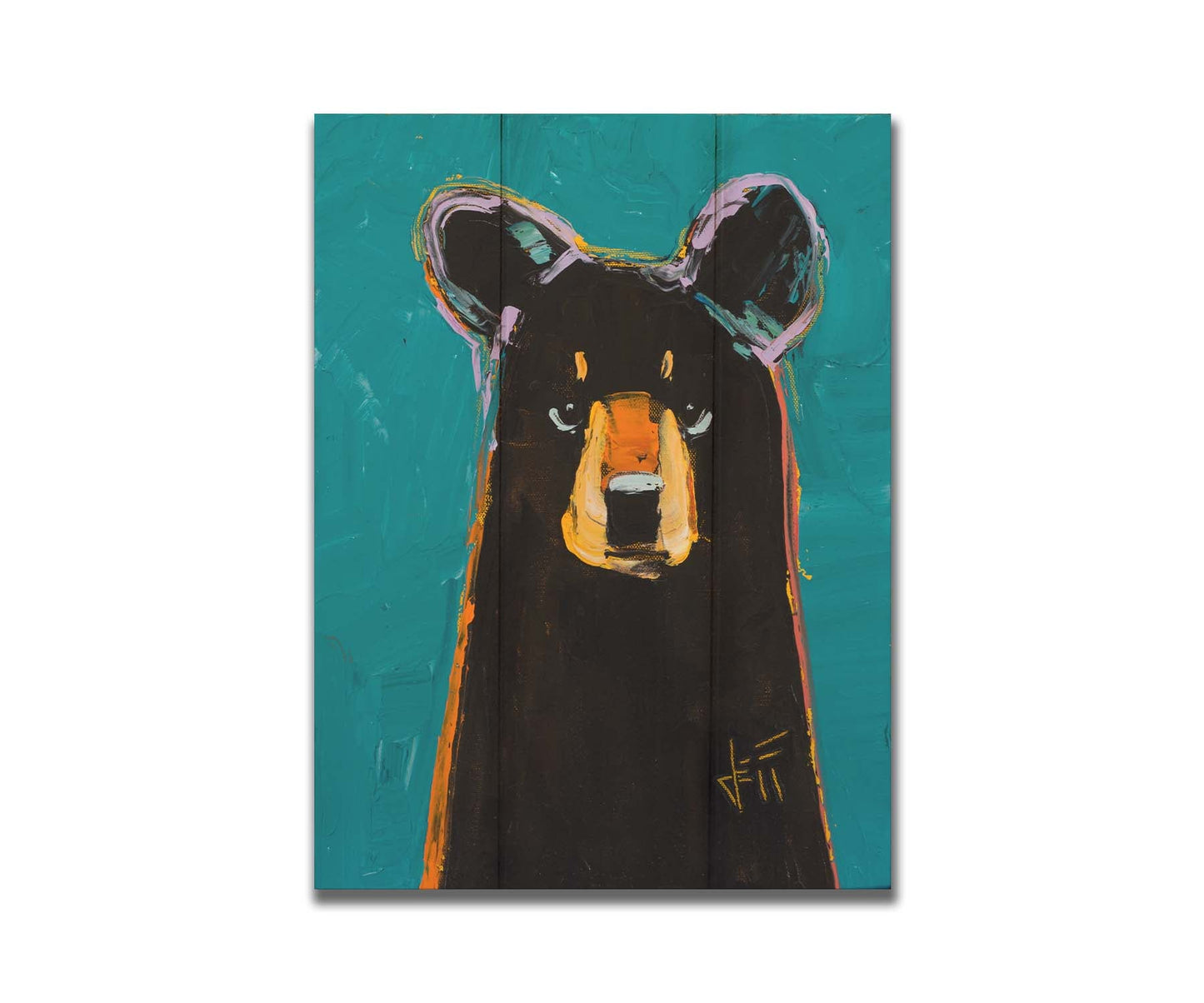 A painting of a dark brown bear on a teal background, painted in a contemporary style emphasizing form. Printed on a box board.