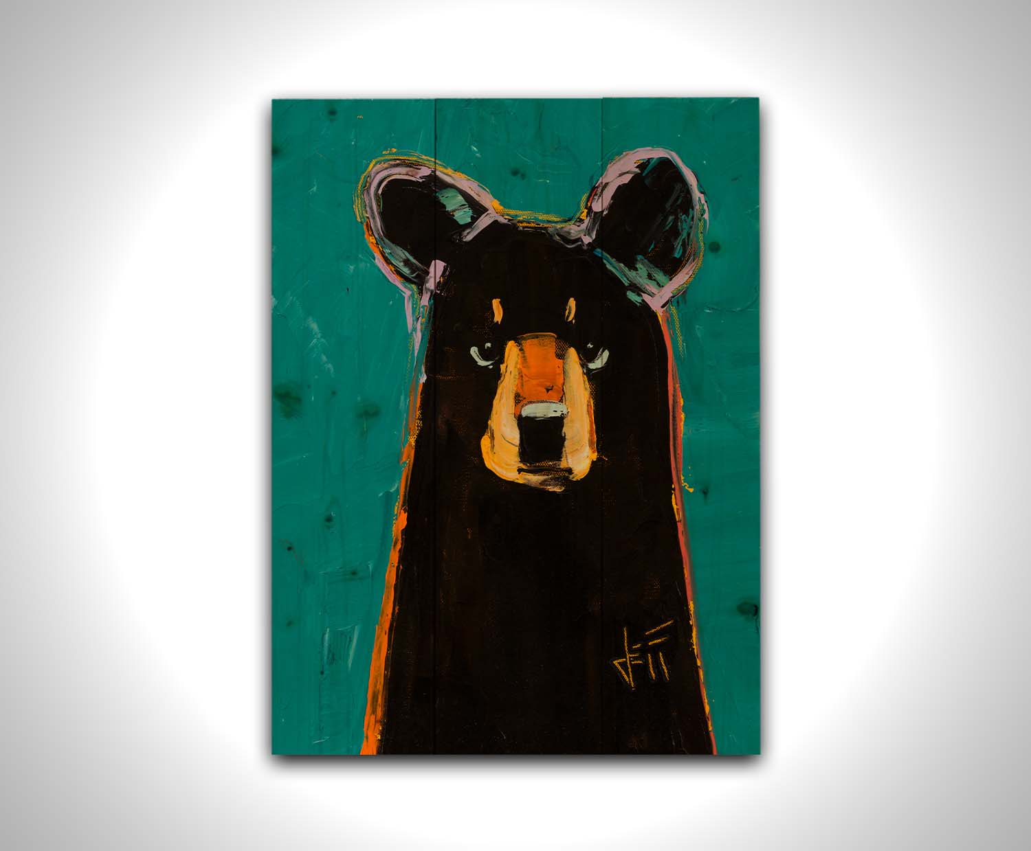 A painting of a dark brown bear on a teal background, painted in a contemporary style emphasizing form. Printed on a wood pallet.