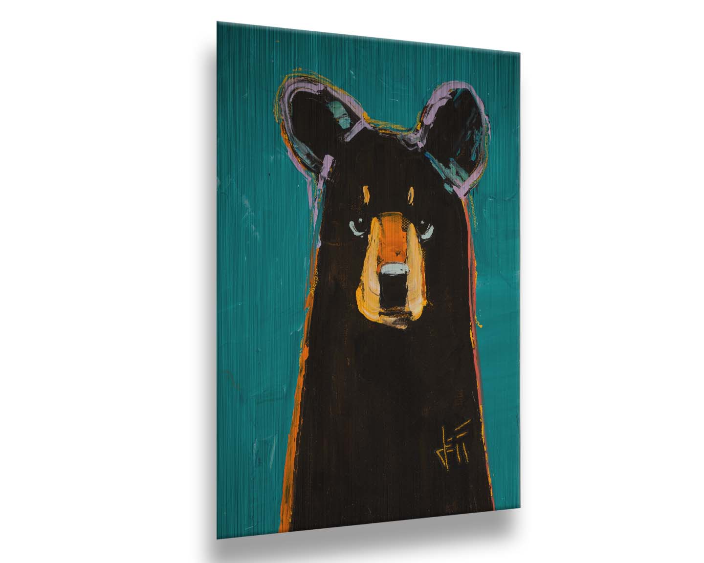 A painting of a dark brown bear on a teal background, painted in a contemporary style emphasizing form. Printed on metal.