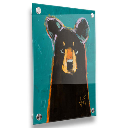 A painting of a dark brown bear on a teal background, painted in a contemporary style emphasizing form. Printed on acrylic.