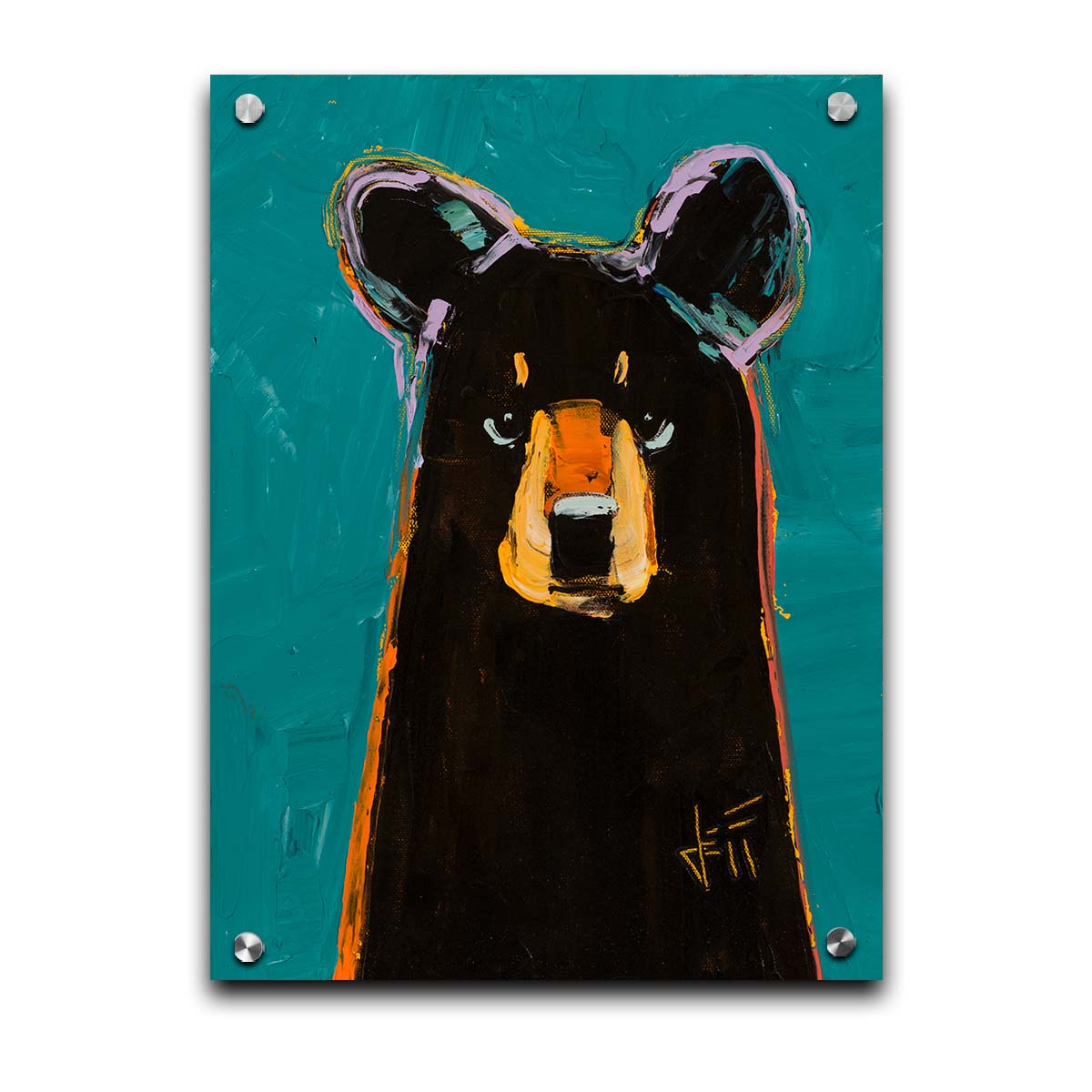 A painting of a dark brown bear on a teal background, painted in a contemporary style emphasizing form. Printed on acrylic.