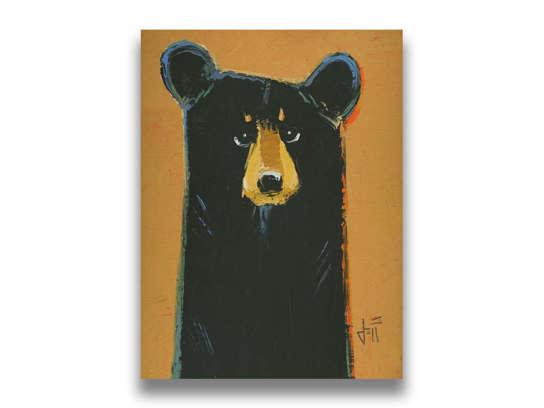 A painting of a black bear set against a yellow-orange background. It is simplified in a contemporary style that emphasizes the shape of the bear. Printed on canvas.