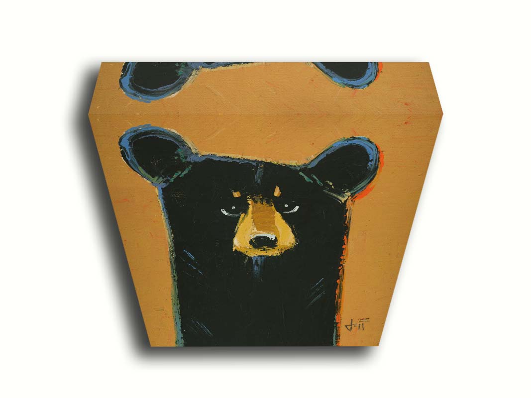 A painting of a black bear set against a yellow-orange background. It is simplified in a contemporary style that emphasizes the shape of the bear. Printed on canvas.