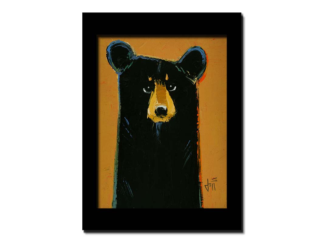 A painting of a black bear set against a yellow-orange background. It is simplified in a contemporary style that emphasizes the shape of the bear. Printed on canvas and framed.