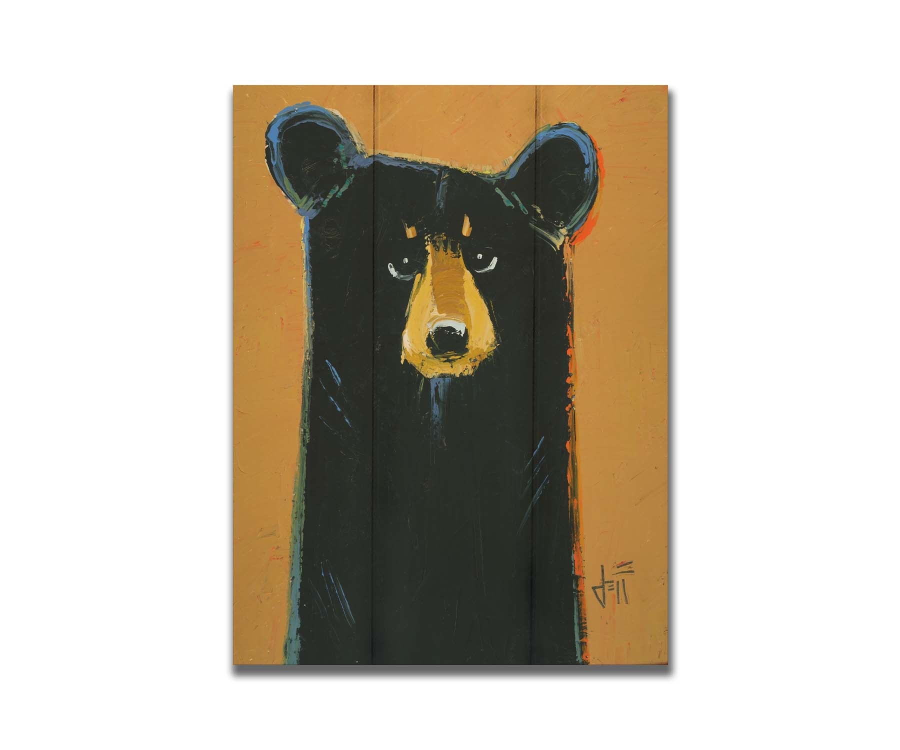 A painting of a black bear set against a yellow-orange background. It is simplified in a contemporary style that emphasizes the shape of the bear. Printed on a box board.