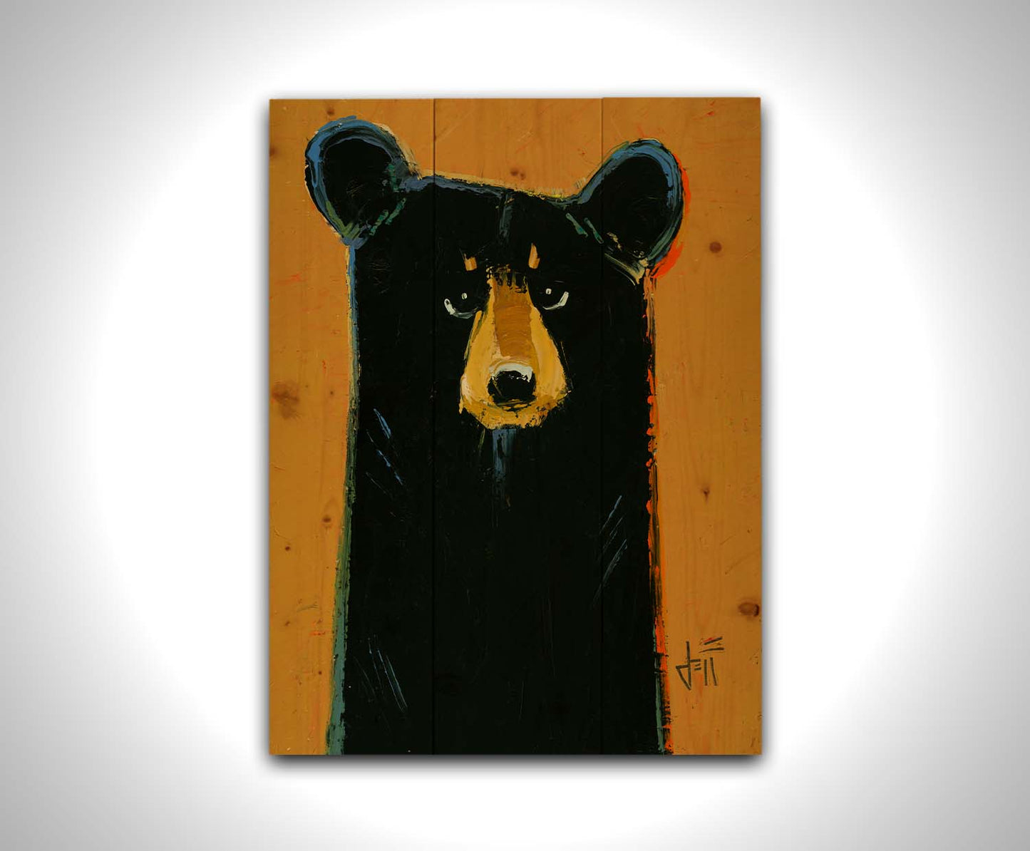 A painting of a black bear set against a yellow-orange background. It is simplified in a contemporary style that emphasizes the shape of the bear. Printed on a wood pallet.