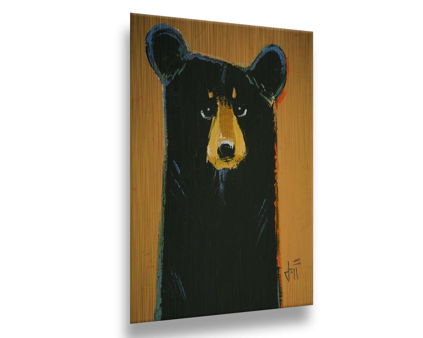 A painting of a black bear set against a yellow-orange background. It is simplified in a contemporary style that emphasizes the shape of the bear. Printed on metal.