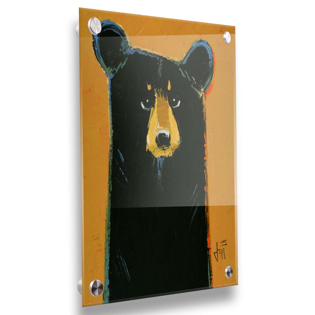 A painting of a black bear set against a yellow-orange background. It is simplified in a contemporary style that emphasizes the shape of the bear. Printed on acrylic.