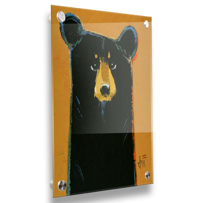 A painting of a black bear set against a yellow-orange background. It is simplified in a contemporary style that emphasizes the shape of the bear. Printed on acrylic.