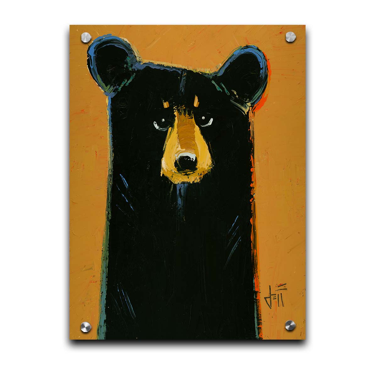 A painting of a black bear set against a yellow-orange background. It is simplified in a contemporary style that emphasizes the shape of the bear. Printed on acrylic.