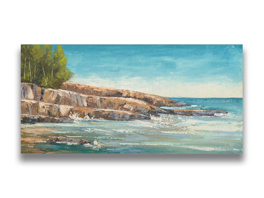 A landscape painting of the area of Lake Superior known as "Artist's Point". A rocky outcrop borders the water of the lake. Printed on canvas.