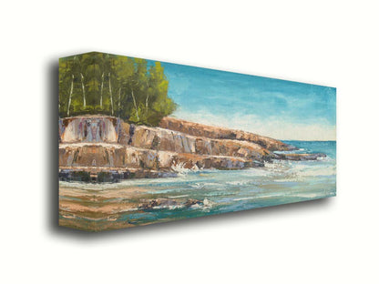 A landscape painting of the area of Lake Superior known as "Artist's Point". A rocky outcrop borders the water of the lake. Printed on canvas.