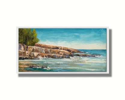 A landscape painting of the area of Lake Superior known as "Artist's Point". A rocky outcrop borders the water of the lake. Printed on canvas in a float frame.