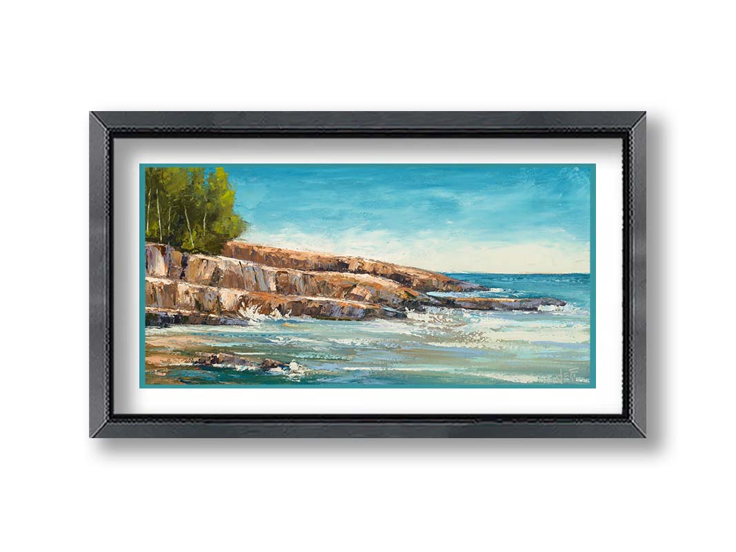 A landscape painting of the area of Lake Superior known as "Artist's Point". A rocky outcrop borders the water of the lake. Printed on paper, matted, and framed.