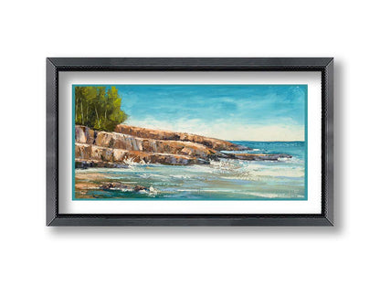 A landscape painting of the area of Lake Superior known as "Artist's Point". A rocky outcrop borders the water of the lake. Printed on paper, matted, and framed.