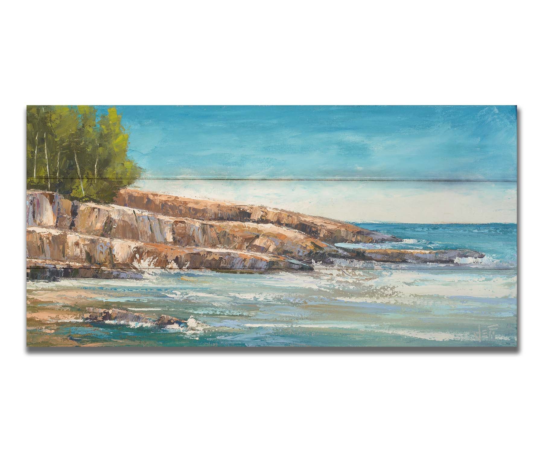 A landscape painting of the area of Lake Superior known as "Artist's Point". A rocky outcrop borders the water of the lake. Printed on a box board.