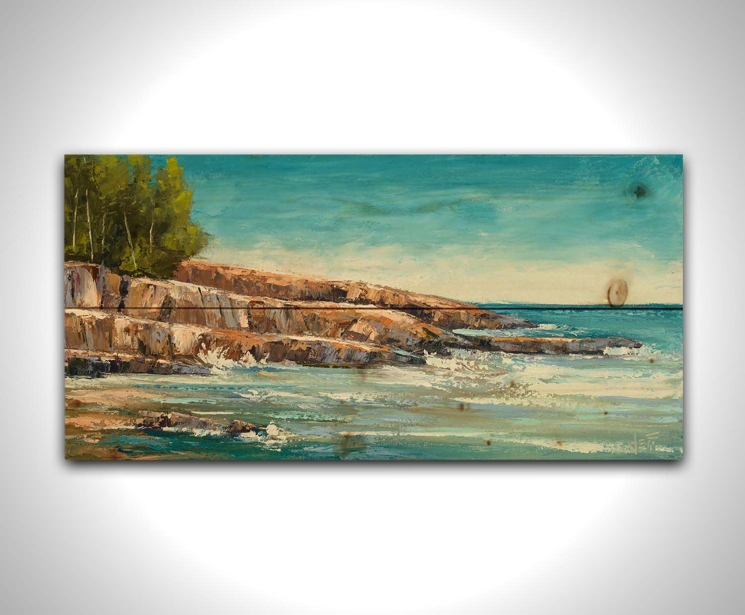 A landscape painting of the area of Lake Superior known as "Artist's Point". A rocky outcrop borders the water of the lake. Printed on a wood pallet.