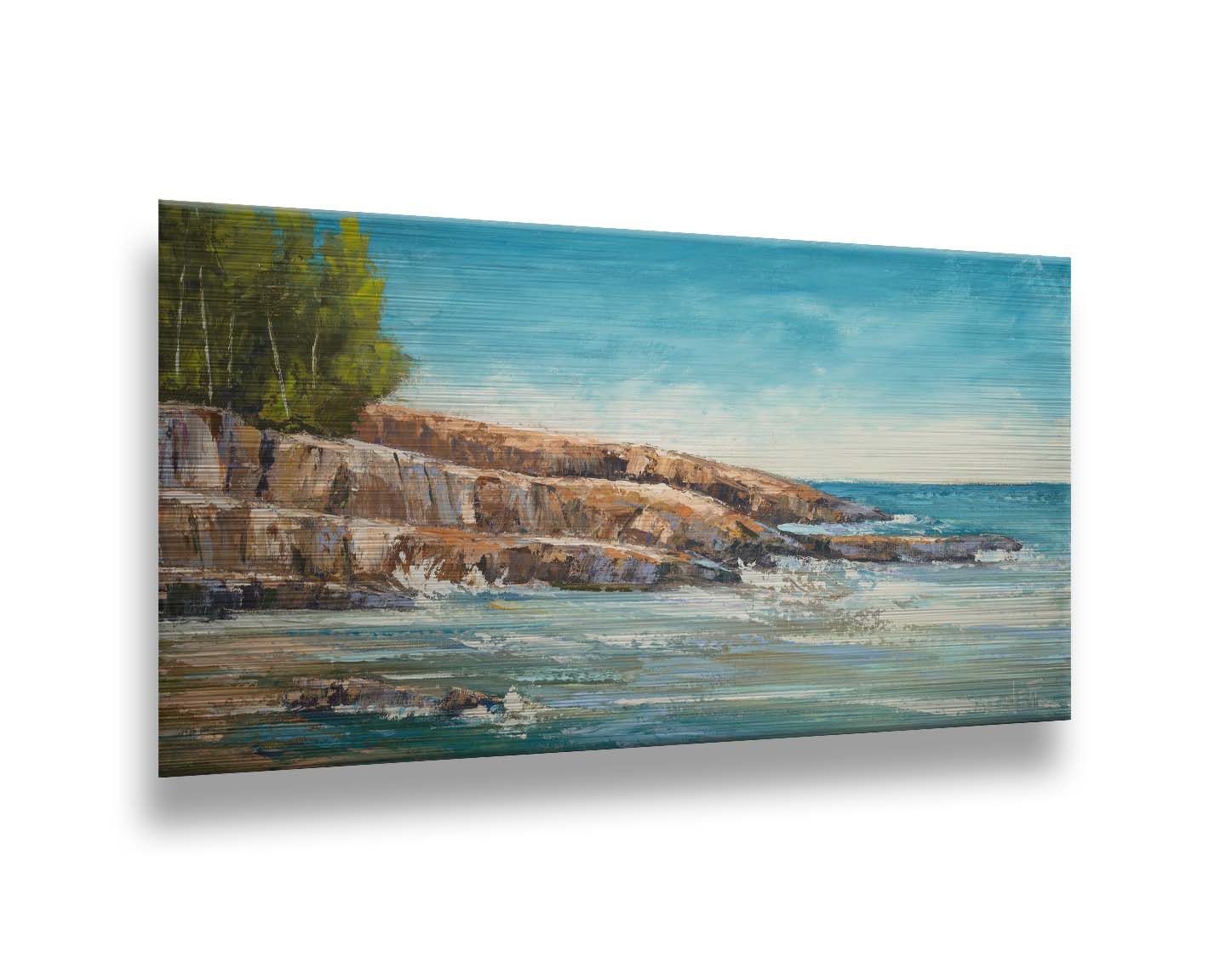 A landscape painting of the area of Lake Superior known as "Artist's Point". A rocky outcrop borders the water of the lake. Printed on metal.