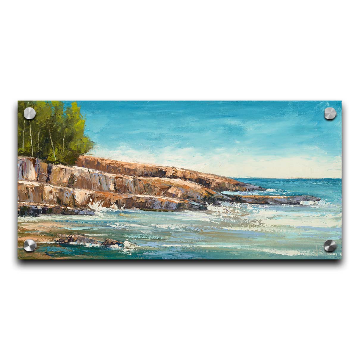 A landscape painting of the area of Lake Superior known as "Artist's Point". A rocky outcrop borders the water of the lake. Printed on acrylic.