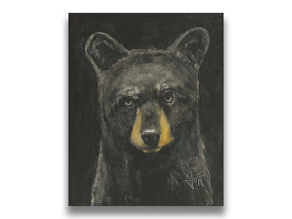 A portrait painting of a black bear against a black background. Printed on canvas.