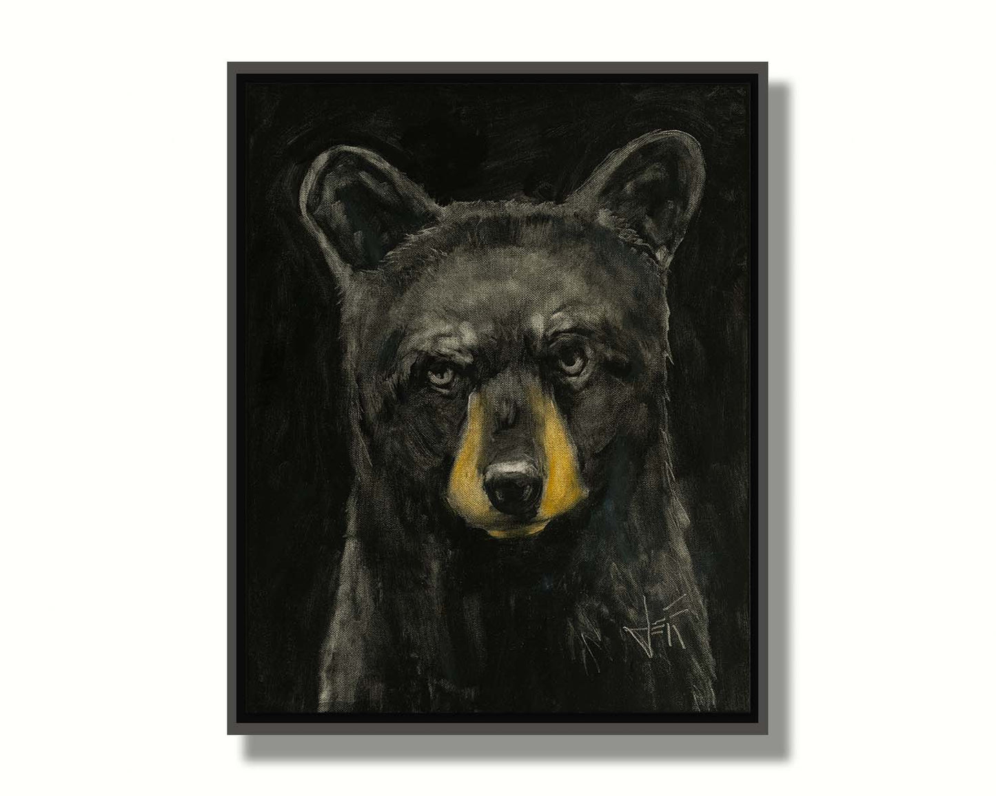 A portrait painting of a black bear against a black background. Printed on canvas in a float frame.