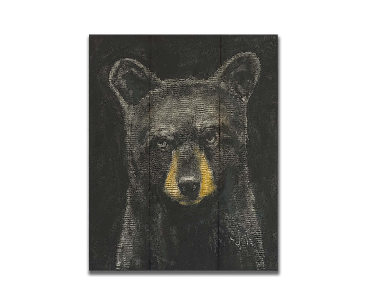 A portrait painting of a black bear against a black background. Printed on a box board.