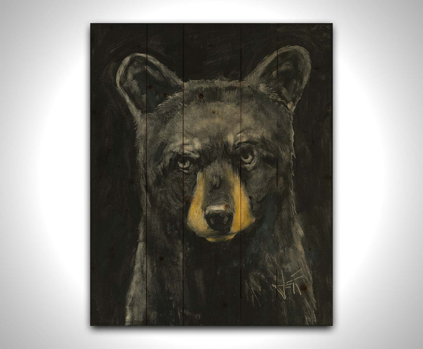 A portrait painting of a black bear against a black background. Printed on a wood pallet.