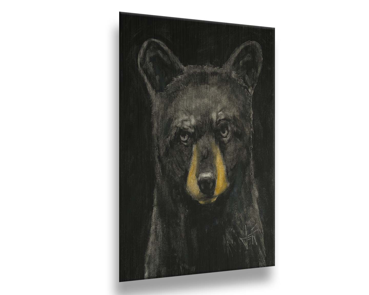 A portrait painting of a black bear against a black background. Printed on metal.