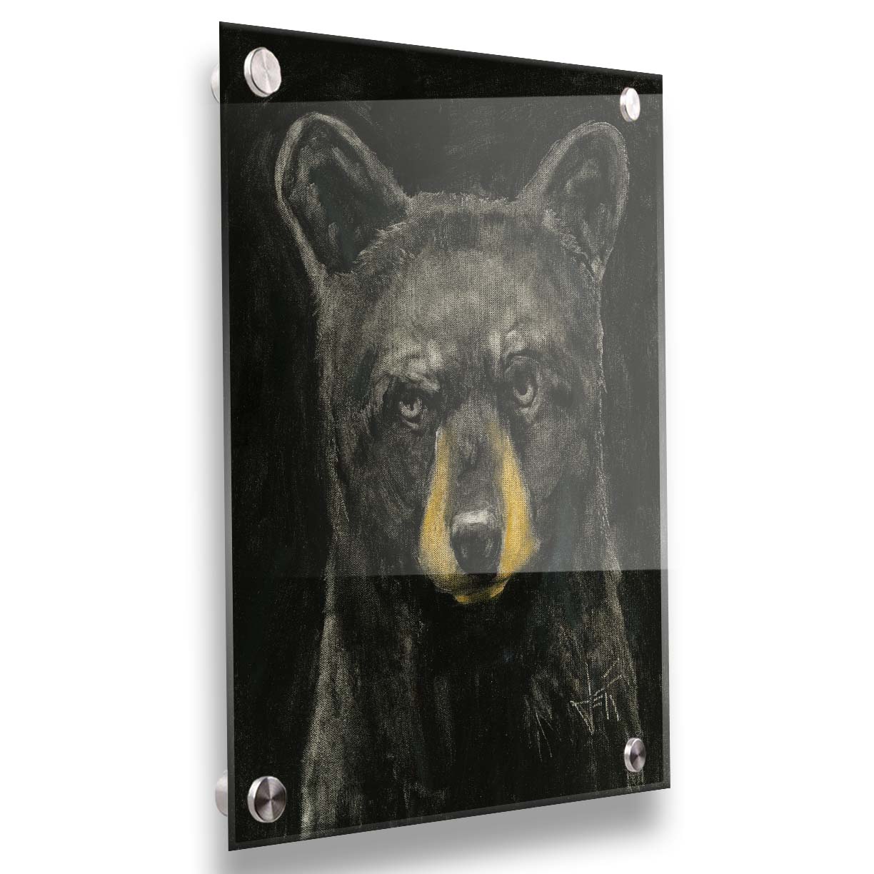 A portrait painting of a black bear against a black background. Printed on acrylic.