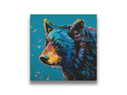 A painting of a black bear against a blue background. Printed on canvas.