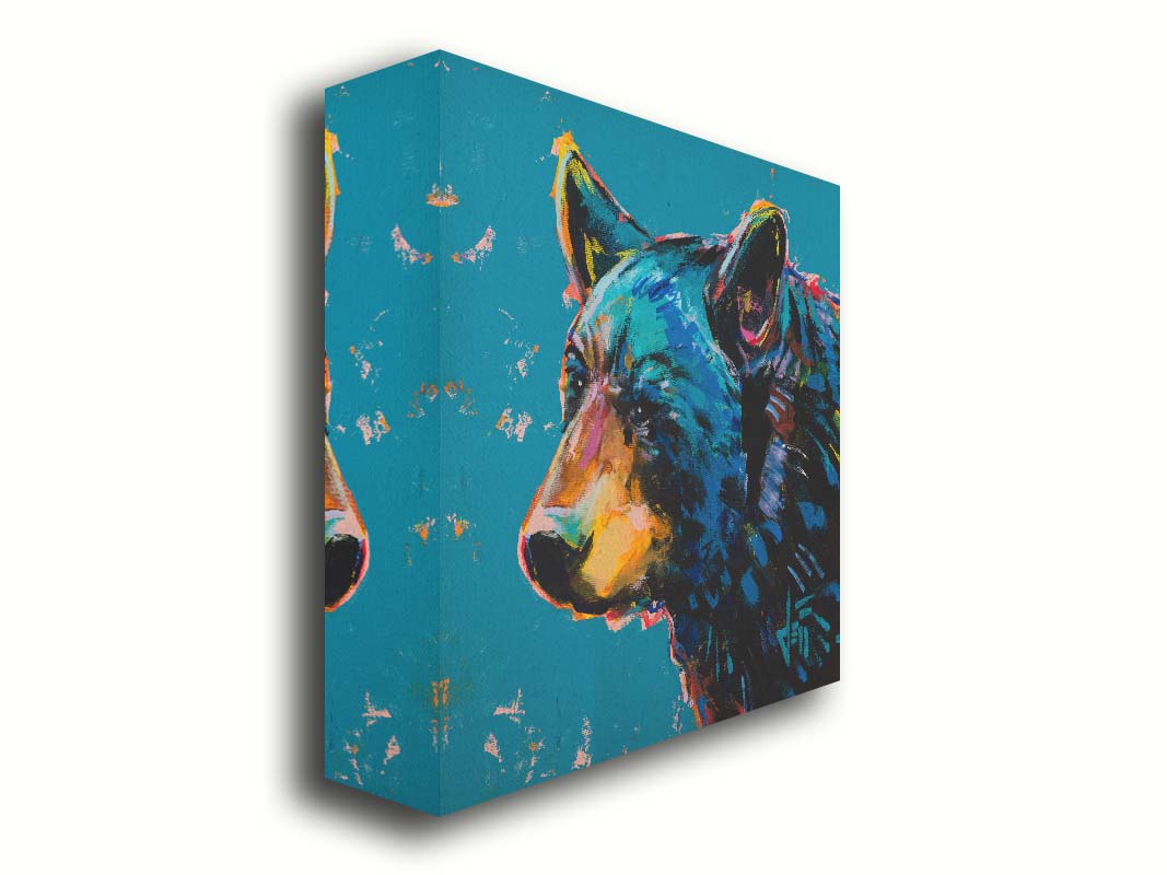 A painting of a black bear against a blue background. Printed on canvas.