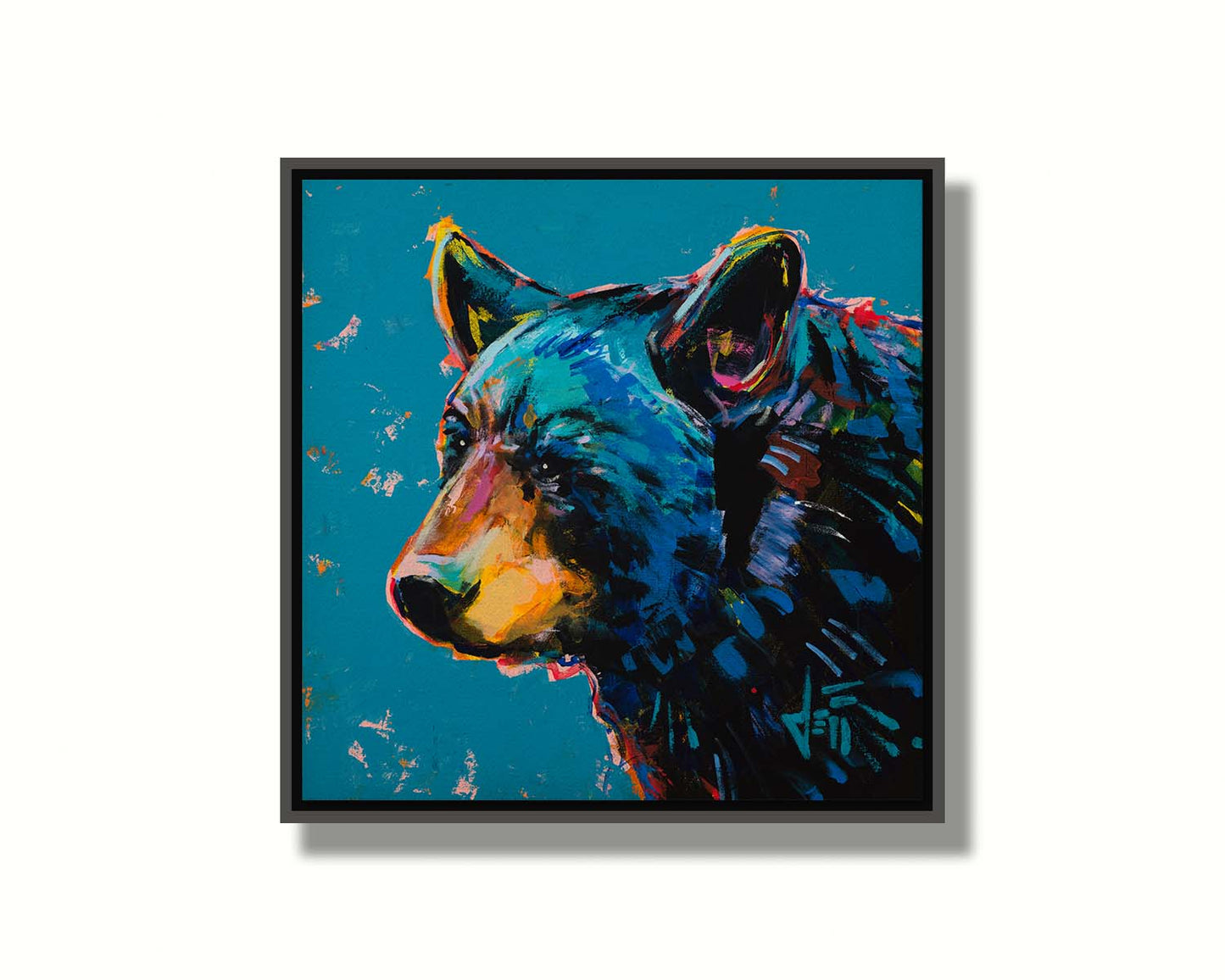 A painting of a black bear against a blue background. Printed on canvas in a float frame.