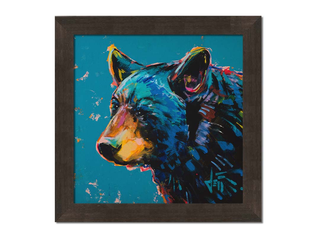 A painting of a black bear against a blue background. Printed on canvas and framed.