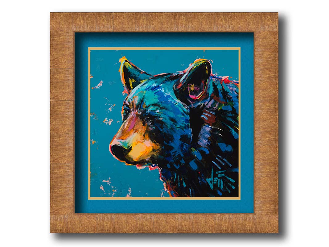 A painting of a black bear against a blue background. Printed on paper, matted, and framed.