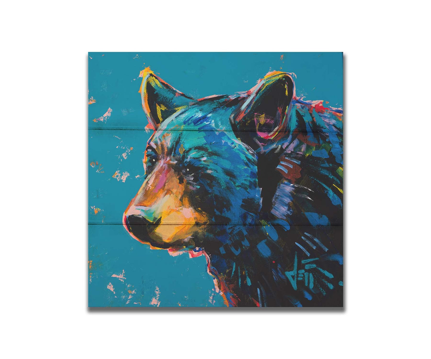 A painting of a black bear against a blue background. Printed on a box board.