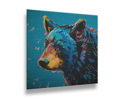 A painting of a black bear against a blue background. Printed on metal.