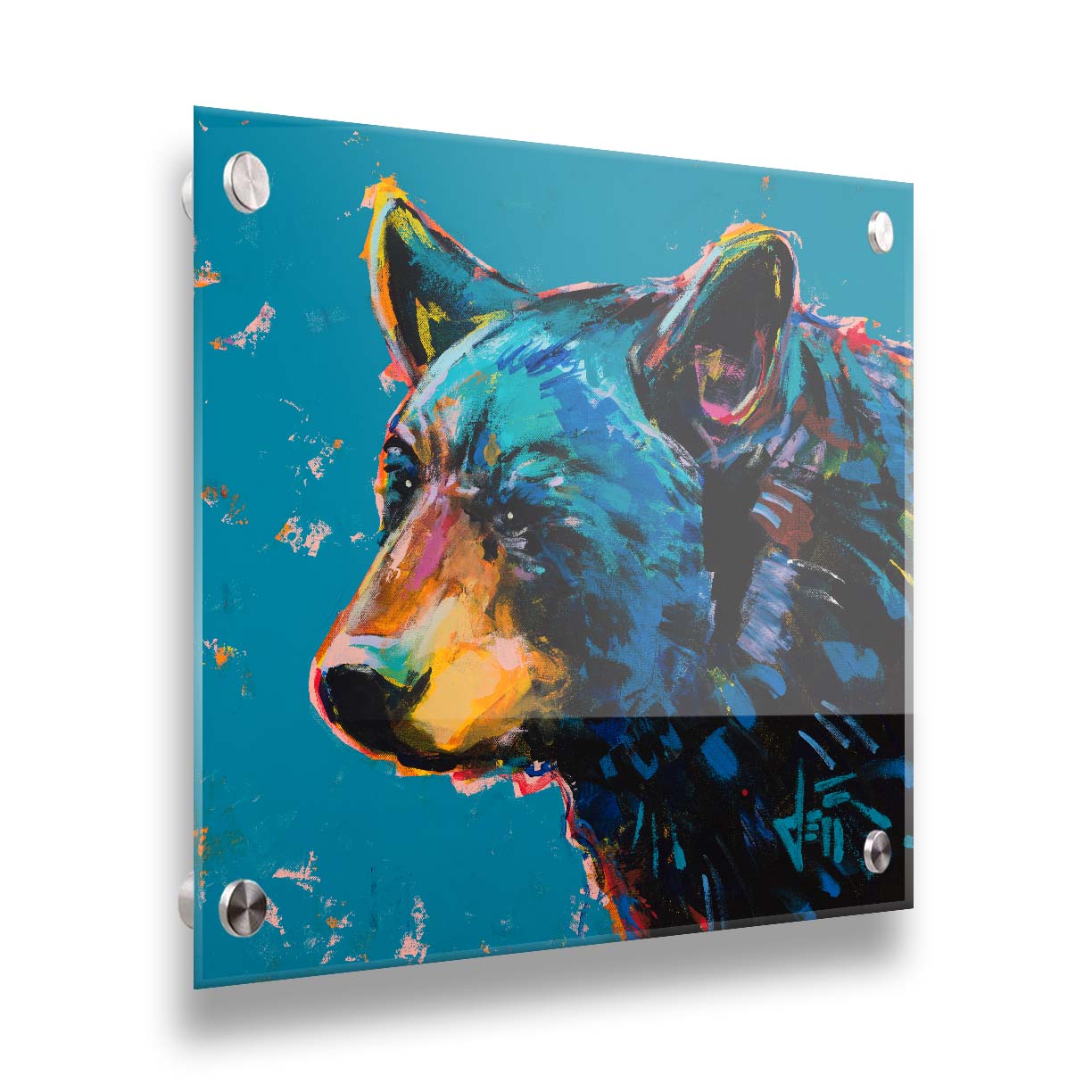 A painting of a black bear against a blue background. Printed on acrylic.