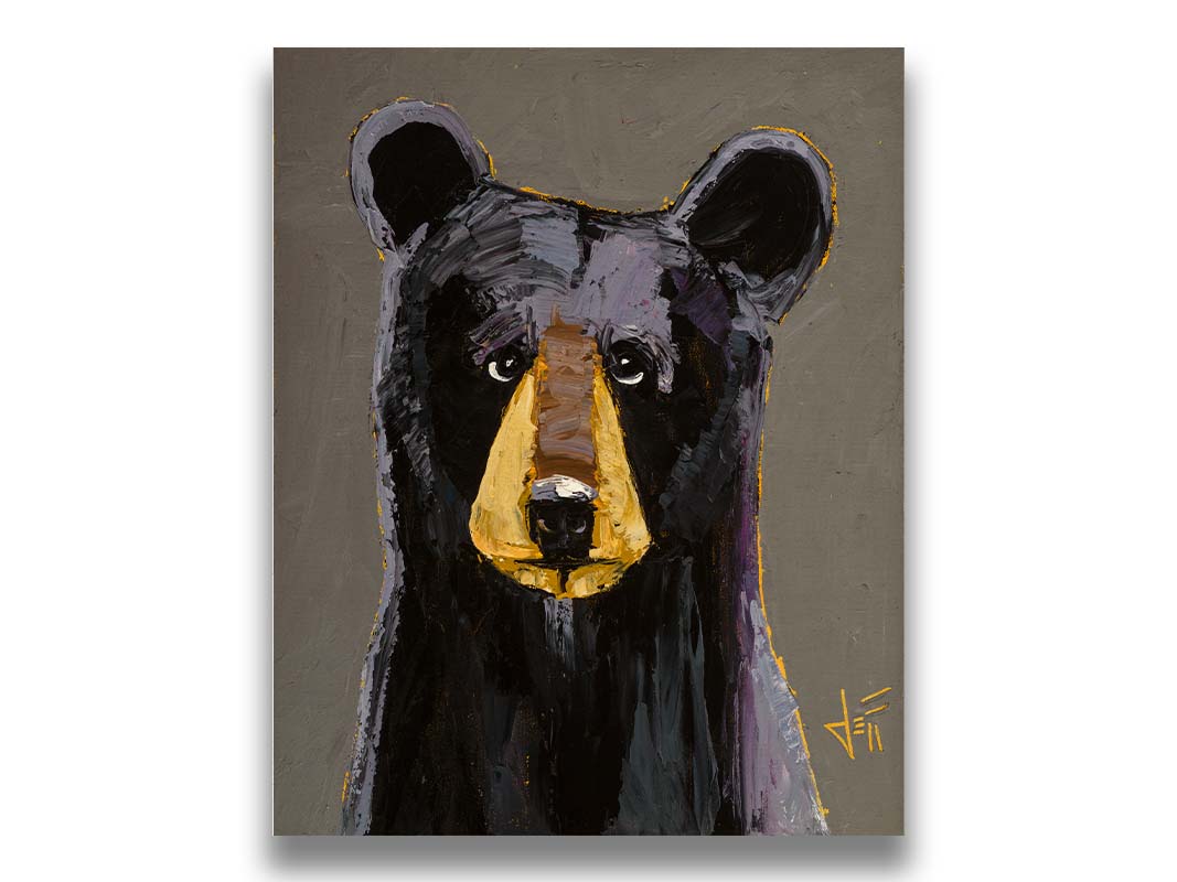 A painting of a black bear, highlighted with purple, against a warm gray backdrop. Printed on canvas.