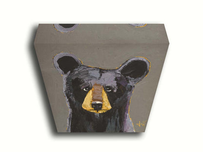 A painting of a black bear, highlighted with purple, against a warm gray backdrop. Printed on canvas.