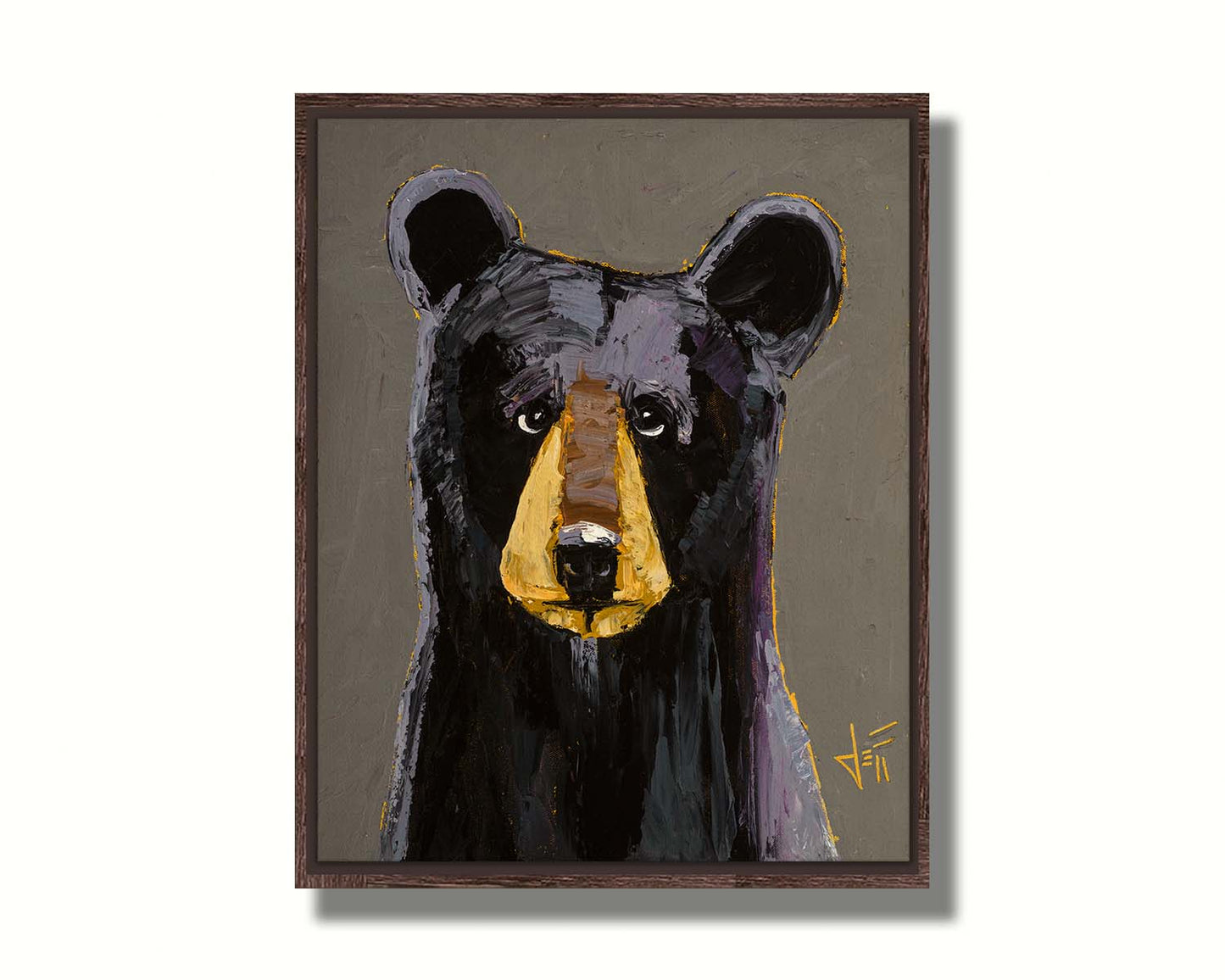 A painting of a black bear, highlighted with purple, against a warm gray backdrop. Printed on canvas in a float frame.